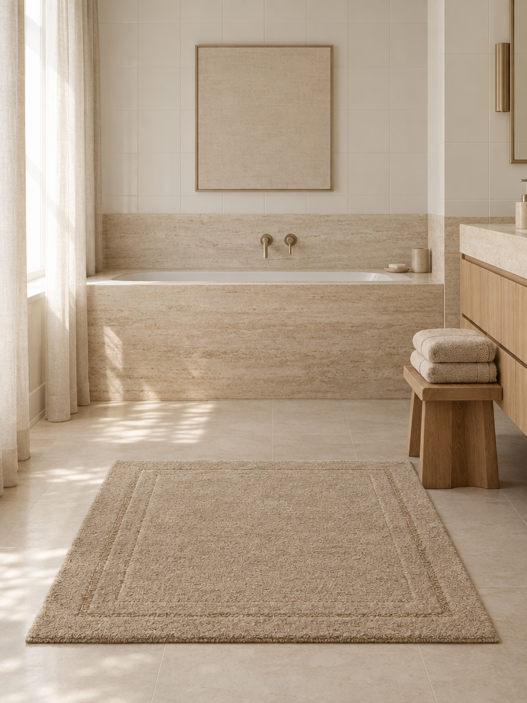 Badteppich in Beige vor einer Badewanne in warmen Naturtönen