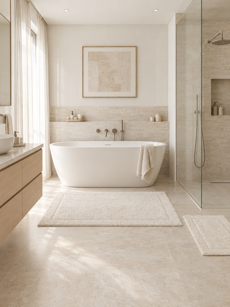 Badteppich-Set: großer Badteppich und Badematte in Creme