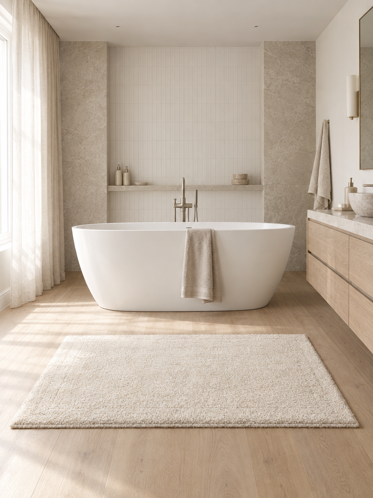 Badteppich für ein wohnliches Badezimmer vor der freistehenden Wanne