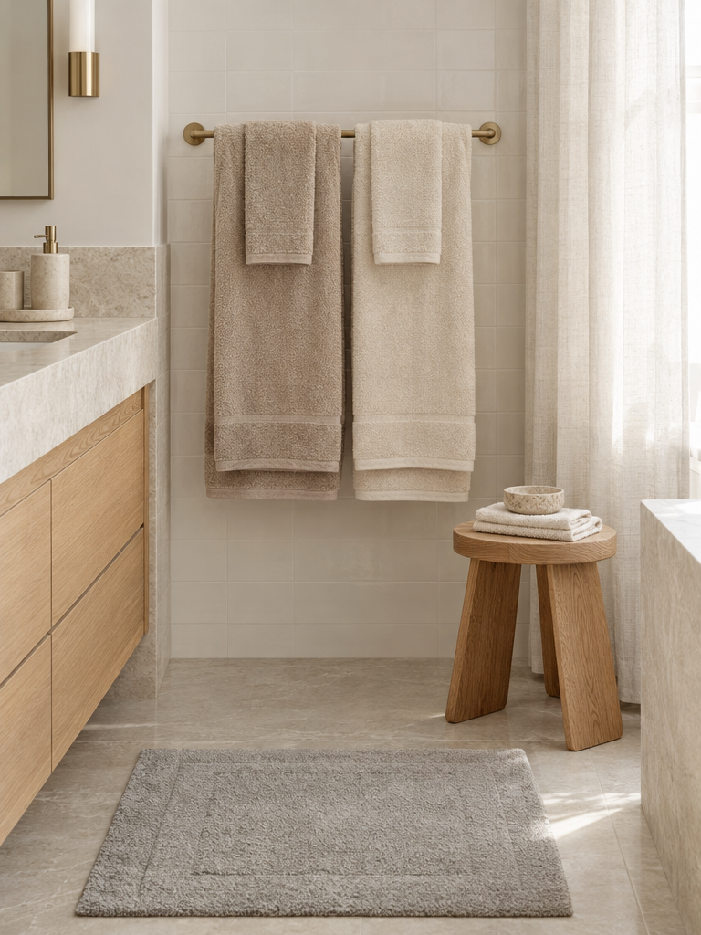 Badtextilien in Beige und Weiß farblich kombiniert im Badezimmer