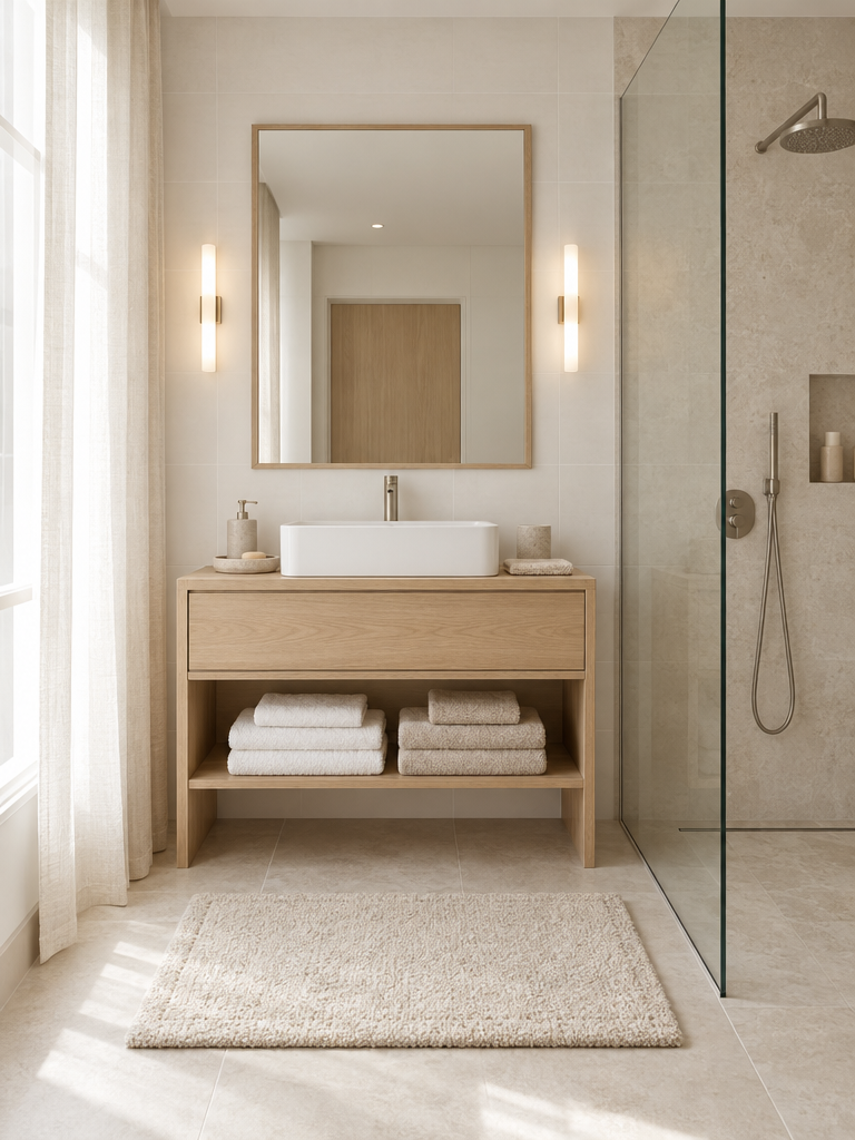Badtextilien in Hotelqualität: Handtücher und Badematte in einem hellen Bad