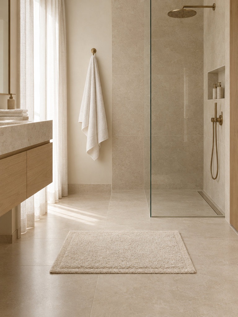 Badvorleger beige vor einer begehbaren Dusche mit Glaswand