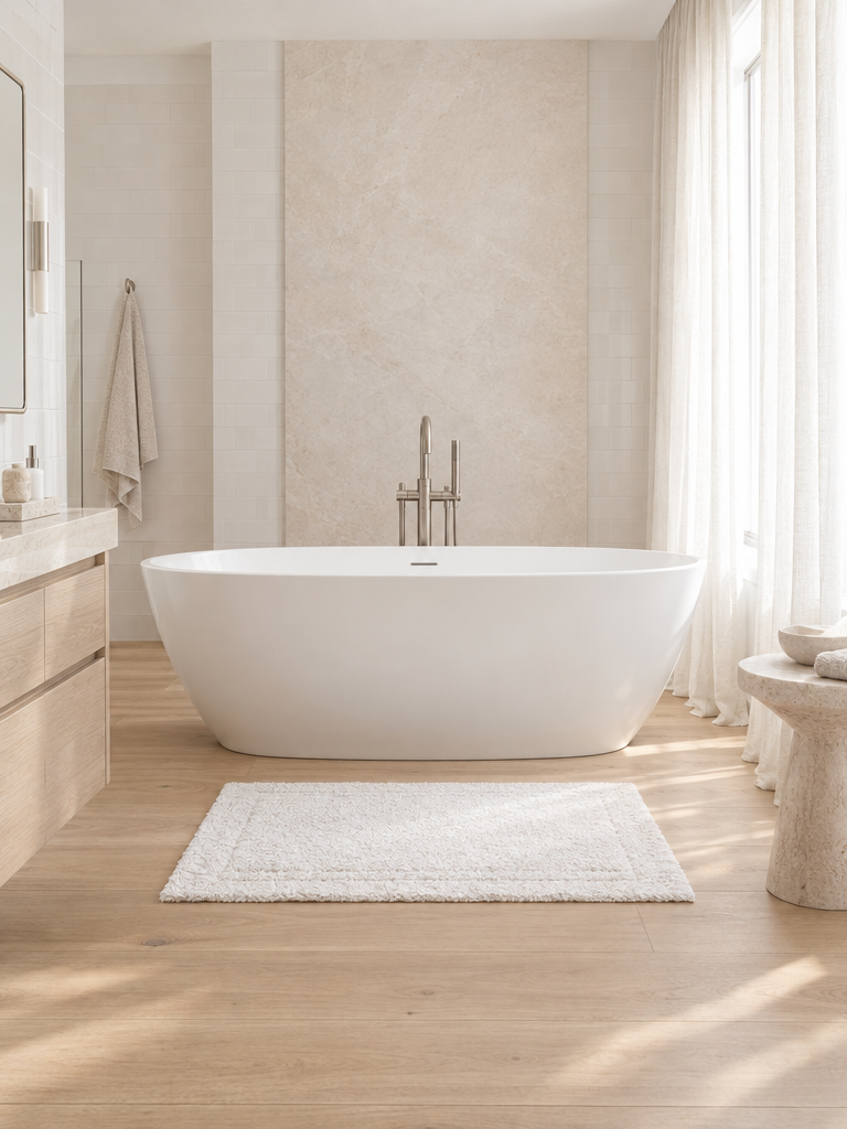 Badvorleger in Weiß vor einer freistehenden Badewanne