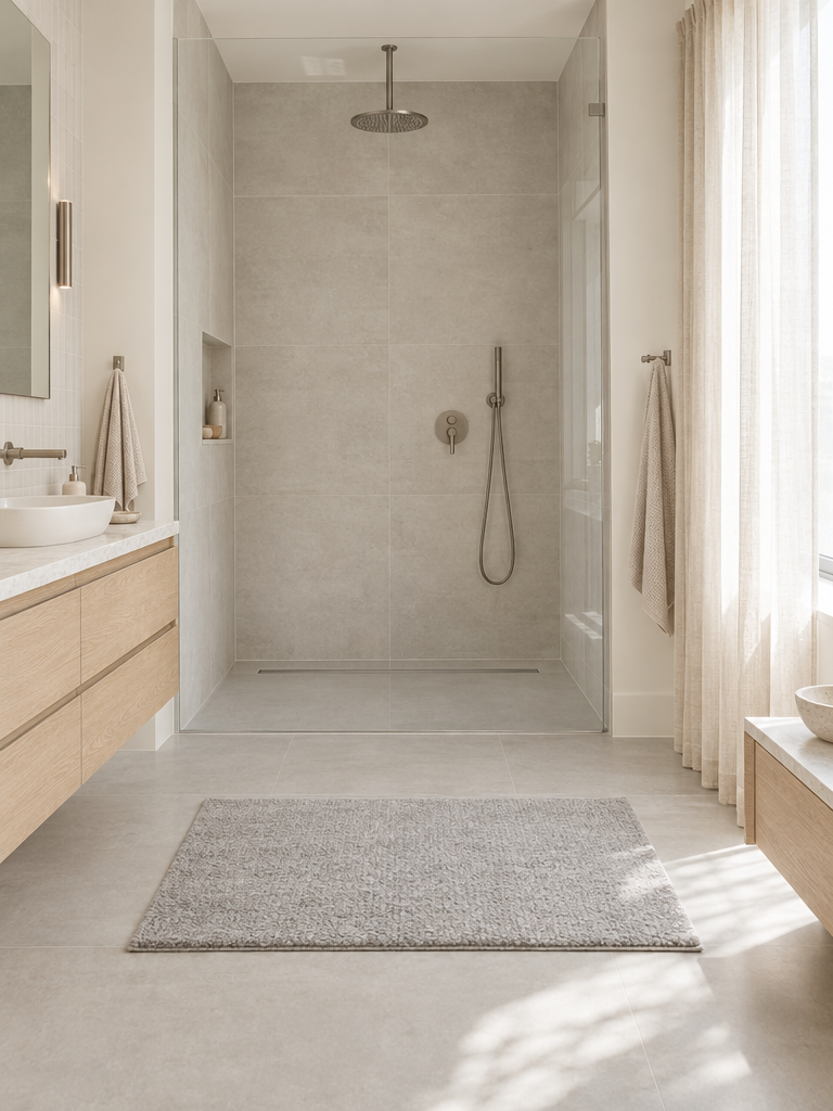 Moderner Badvorleger in Grau vor einer bodengleichen Dusche