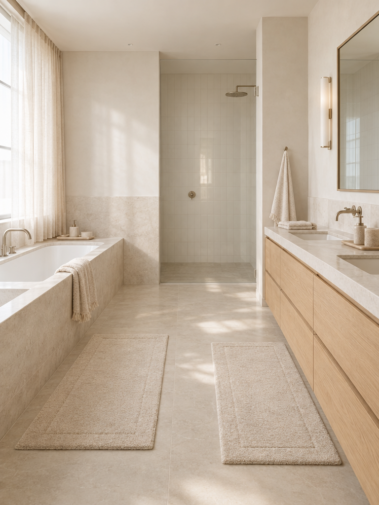 Badvorleger-Set in Creme-Beige vor Wanne und Waschtisch