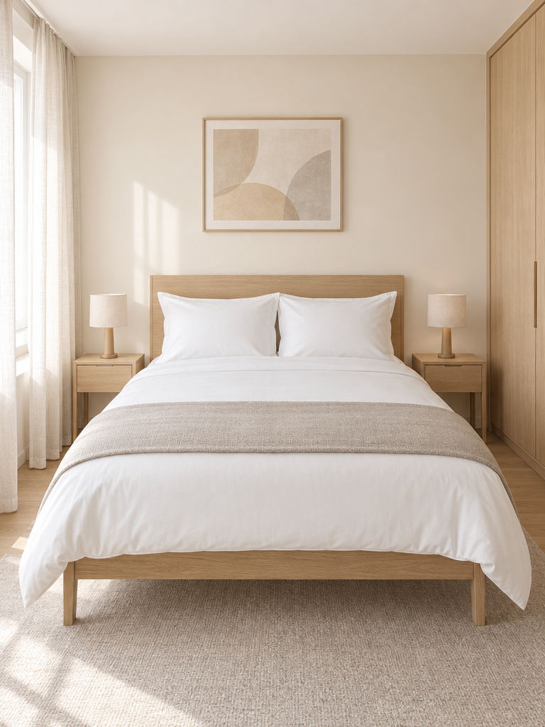 Baumwolle Bettwäsche 140x200 in einem hellen Apartment-Schlafzimmer