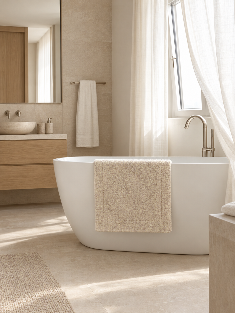 Beige Badezimmerteppich zum Trocknen über den Rand einer weißen Badewanne gehängt