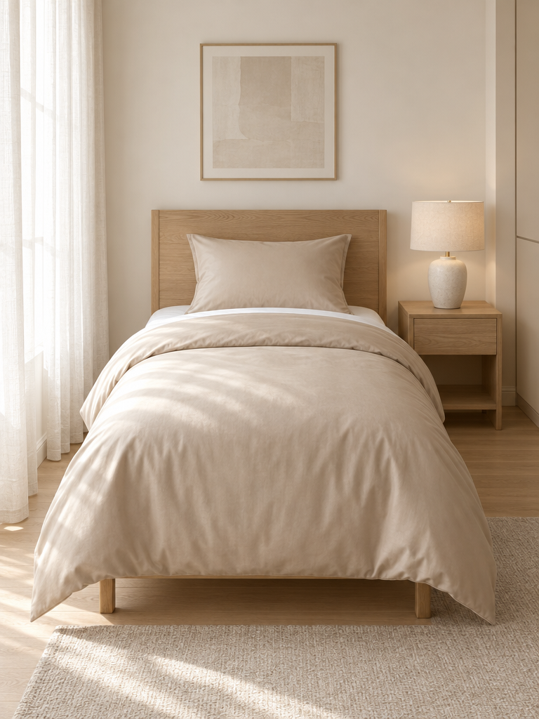 Beige Bettwäsche 135x200 auf einem Einzelbett mit Eichen-Kopfteil