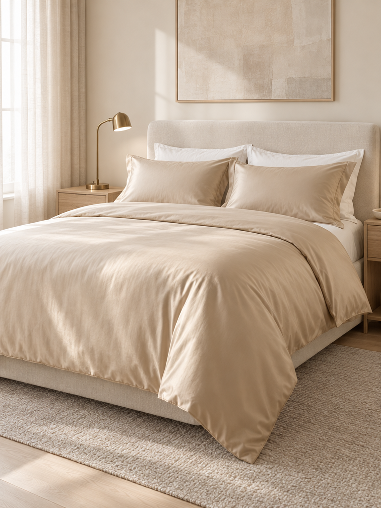 Beige Bettwäsche in Champagner aus Satin mit sanftem Schimmer