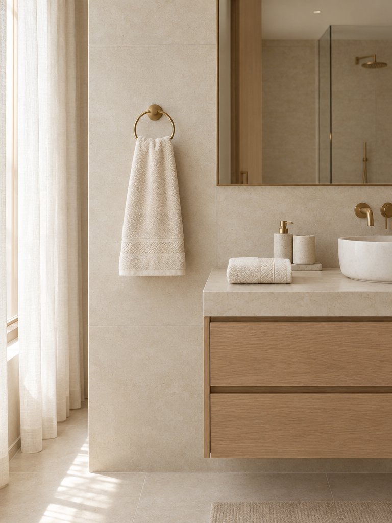 Beige Handtuch mit eingewebter Jacquard-Bordüre an einem Handtuchring aus Messing