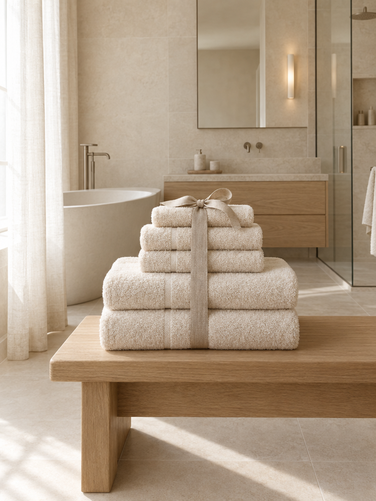Beige Handtücher Set mit Gästetüchern, Handtüchern und Duschtüchern als ordentlicher Stapel