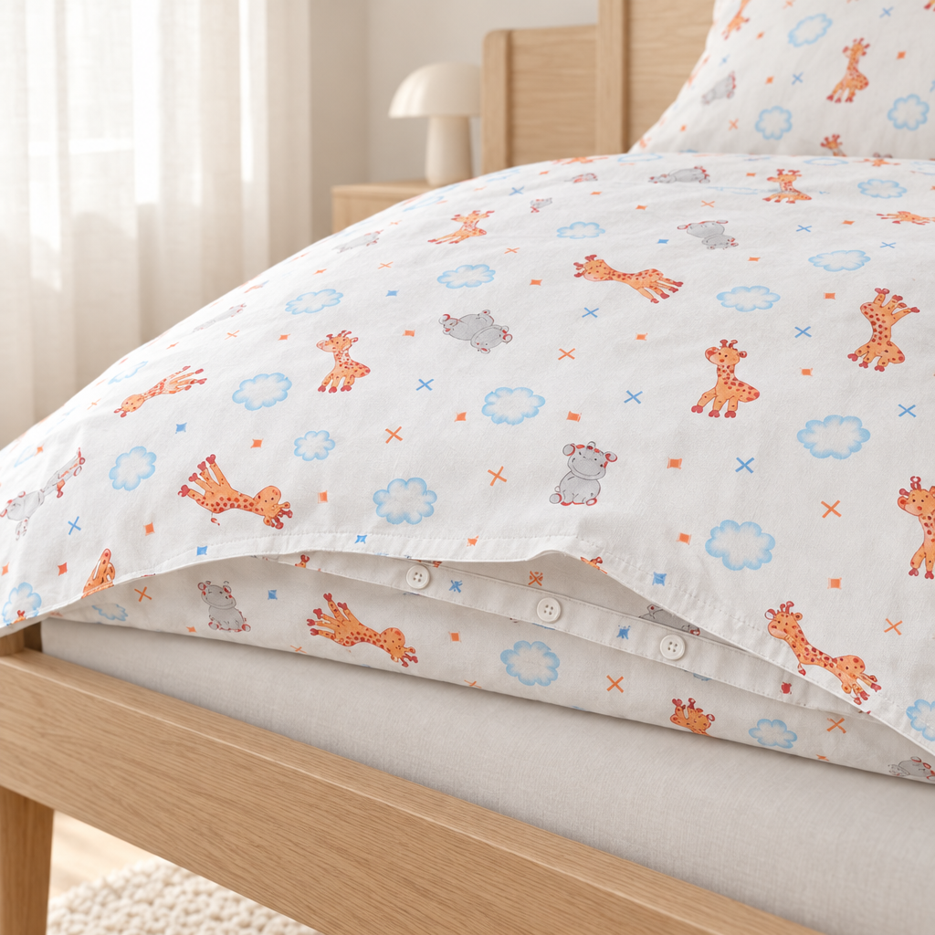 Bettbezug 100x135 mit Knopfleiste und Giraffen-Motiv auf einem Kinderbett