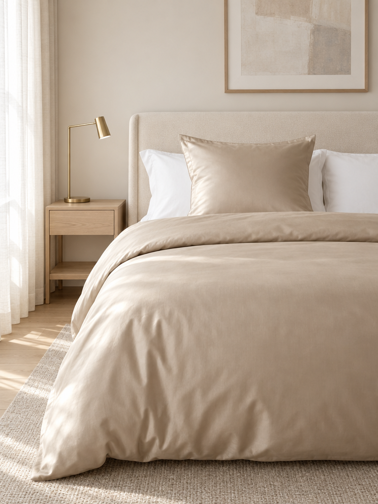 Bettbezug 135x200 aus Mako-Satin in Beige auf einer Bettdecke