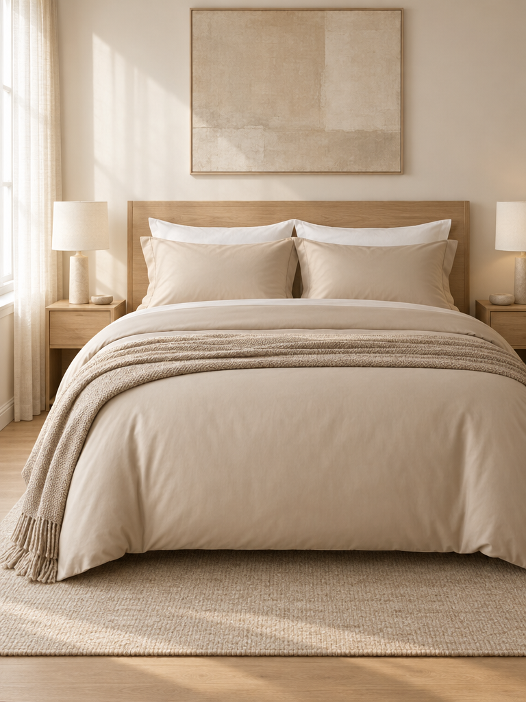 Bettwäsche Baumwolle 140x200 in Champagner-Beige auf einem Bett