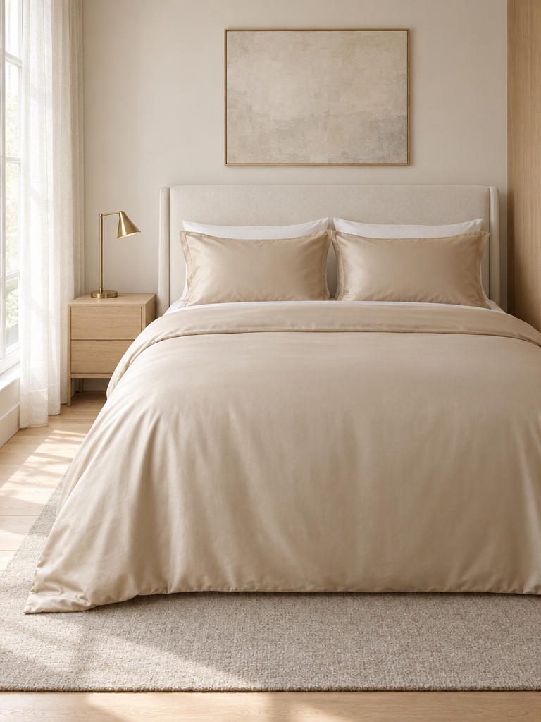 Bettbezug 155x220 aus Mako-Satin in Champagner-Beige auf einer Decke