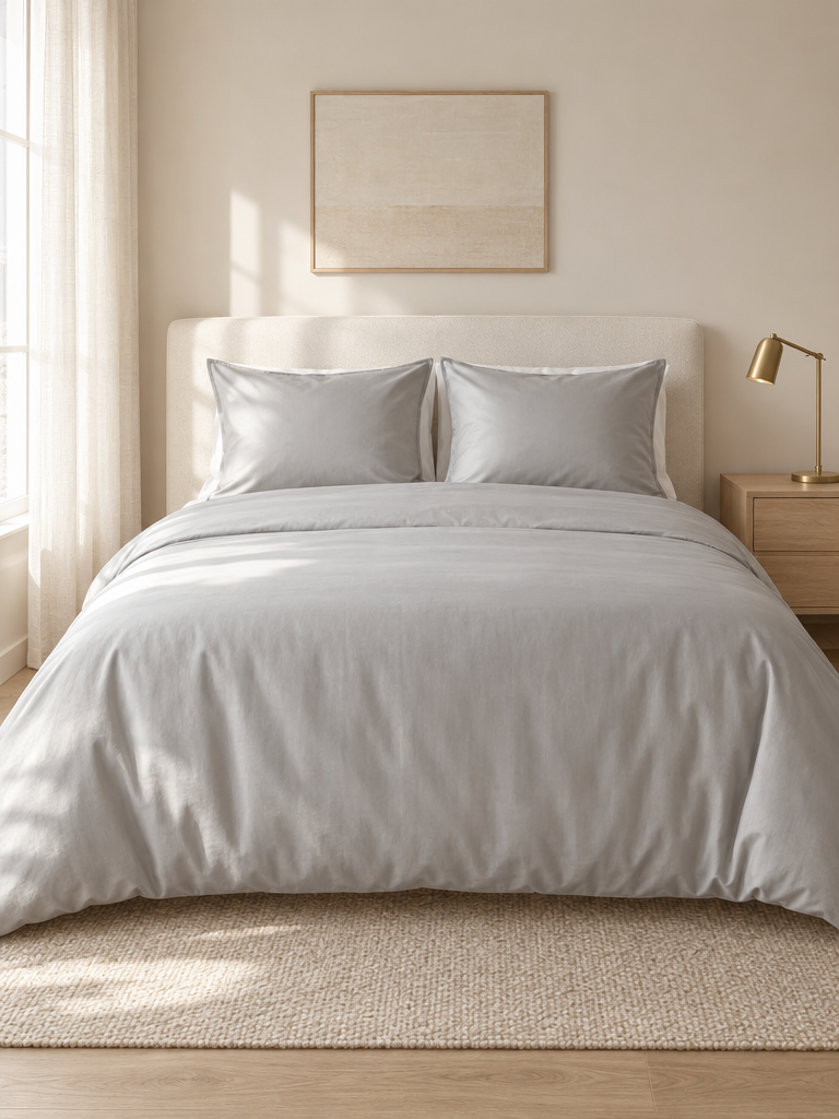 Bettbezug 200x200 aus Mako-Satin in Grau auf einem Doppelbett