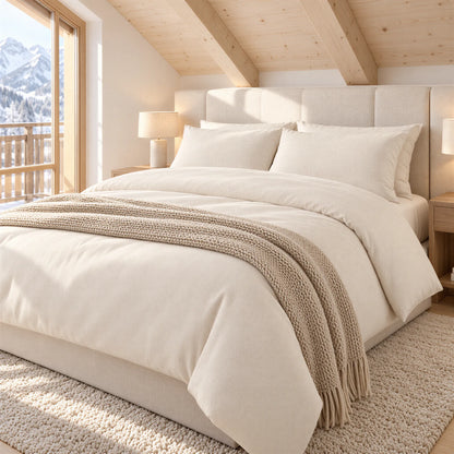 Bettbezug Baumwoll-Jersey natur – bügelfrei – bezogenes Bett im Schlafzimmer