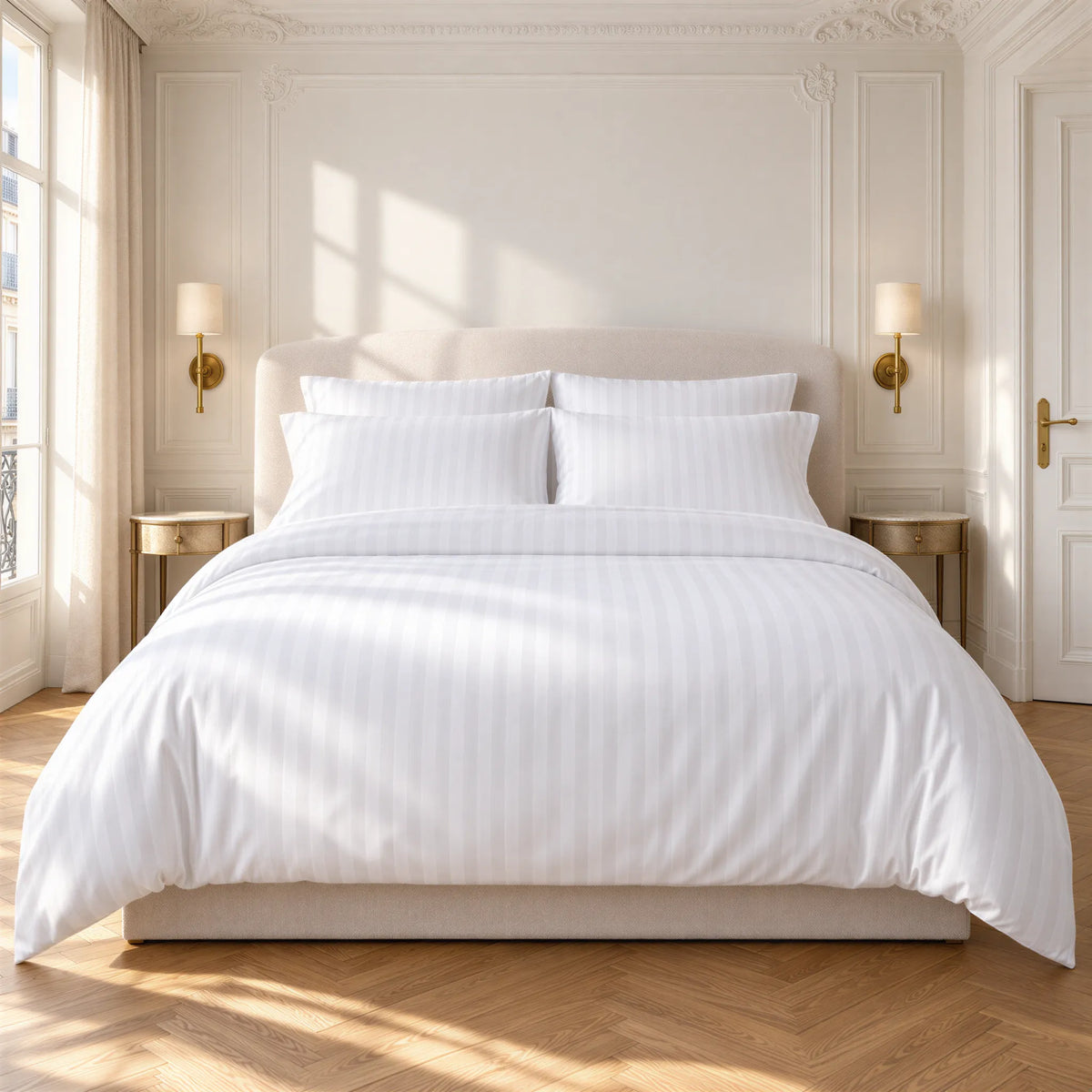 Bettbezug Mako-Damast weiß mit 10-mm-Streifen – bezogenes Bett im Schlafzimmer