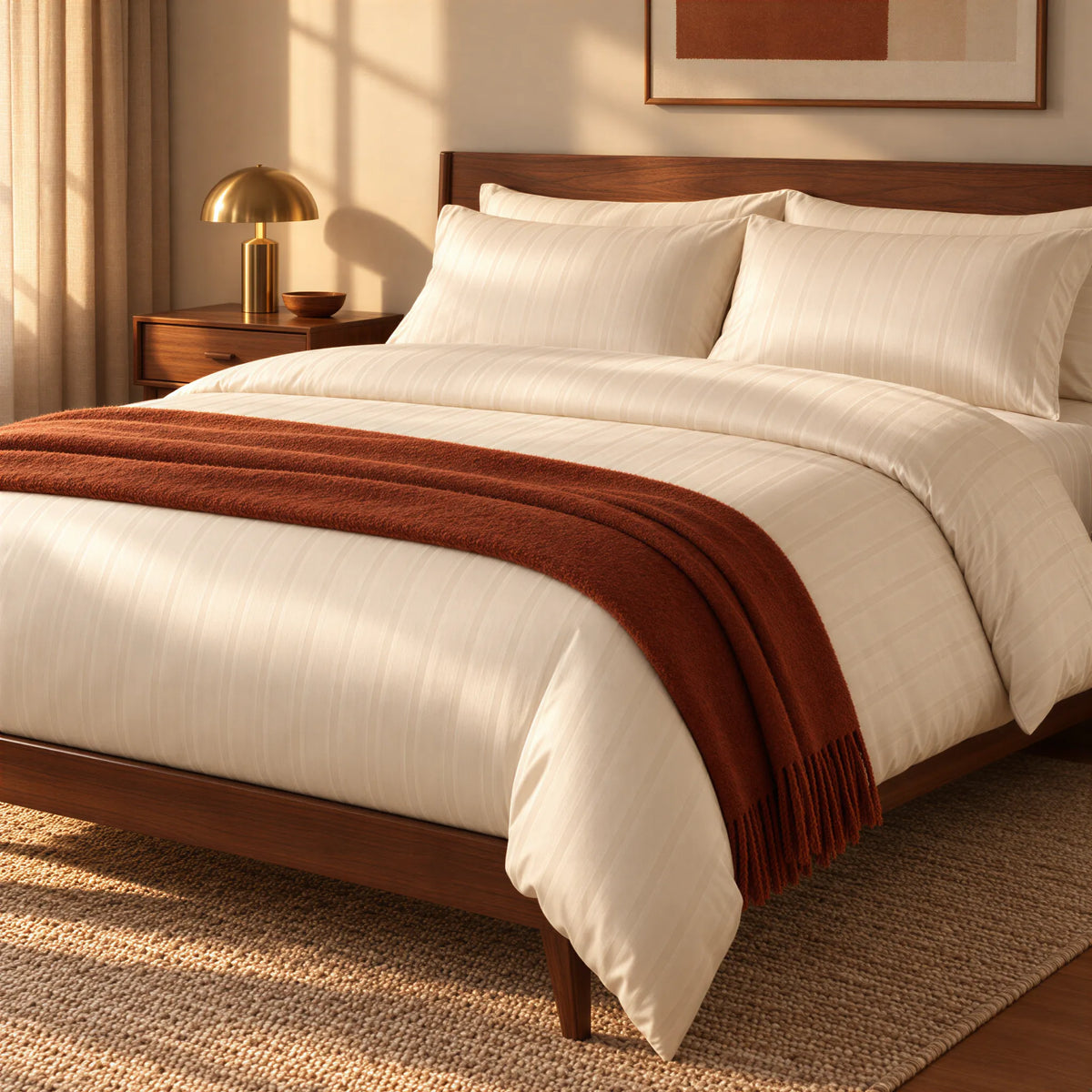 Bettbezug Mako-Satin champagner-beige mit Feinstreifen – bezogenes Bett im Schlafzimmer