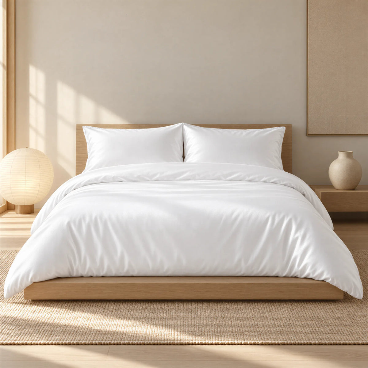 Bettbezug Mako-Satin weiß uni – seidiger Glanz – bezogenes Bett im Schlafzimmer