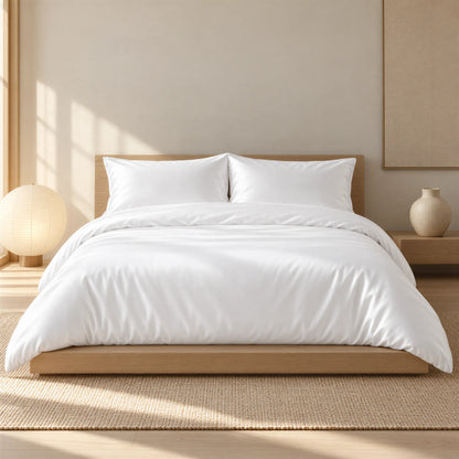 Bettbezug Mako-Satin weiß uni – seidiger Glanz – bezogenes Bett im Schlafzimmer