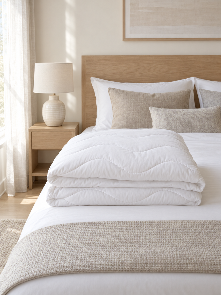 Frisch gewaschene kochfeste Bettdecke 135x200 auf einem Bett