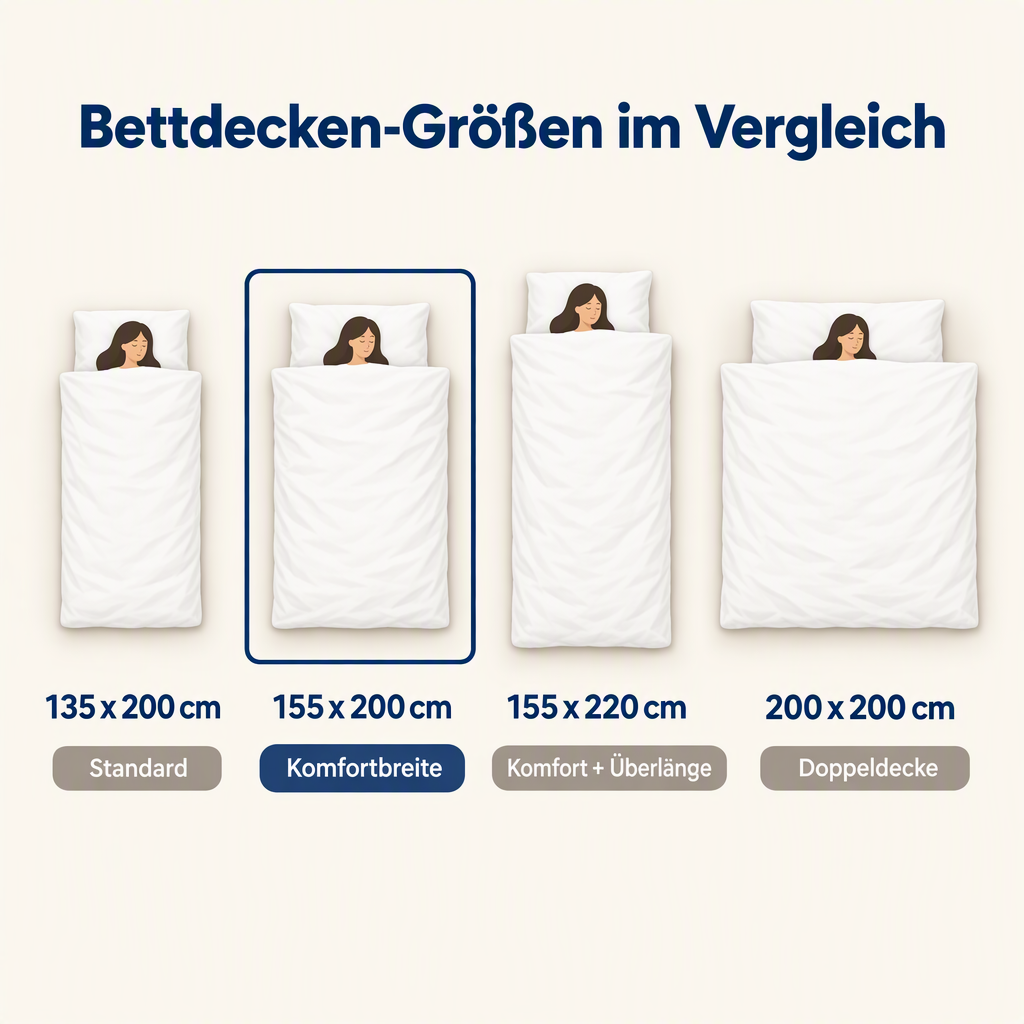 Grafik: Bettdecke 155 x 200 im Größenvergleich mit 135x200, 155x220 und 200x200