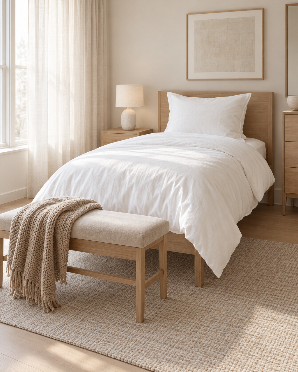 Bettdecke 155x200 auf einem Einzelbett im hellen Schlafzimmer