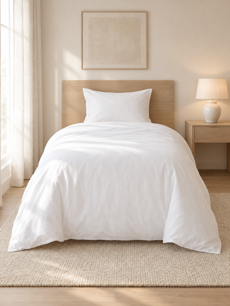 Bettdecke 155x220 auf einem breiten Einzelbett im hellen Schlafzimmer