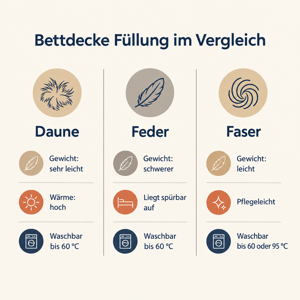 Grafik: Bettdecke Füllung aus Daune, Feder und Faser im Vergleich