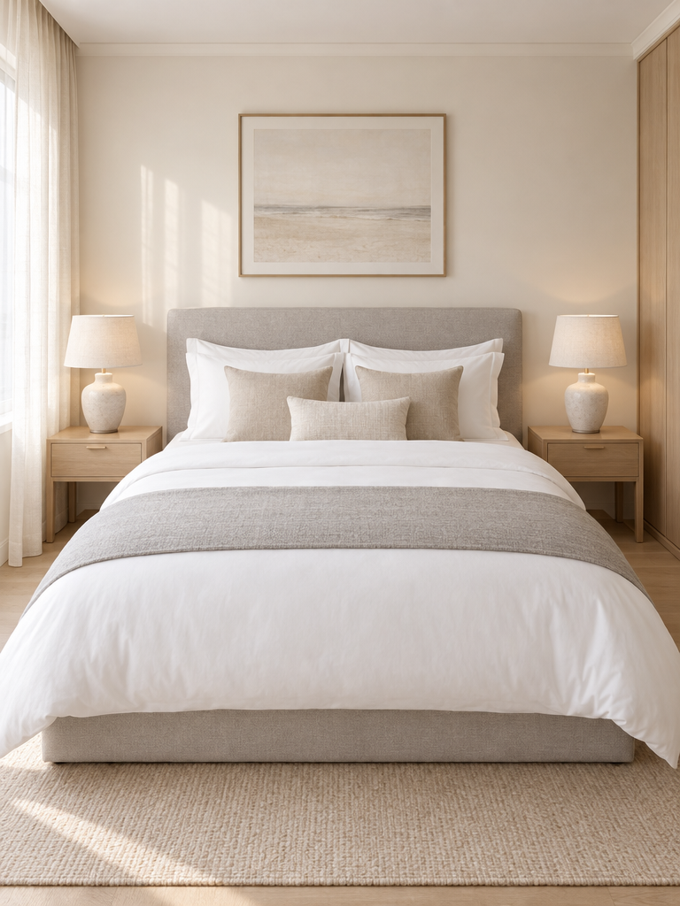 Bettdecke Hotel-Qualität auf einem frisch gemachten Bett mit Bettläufer