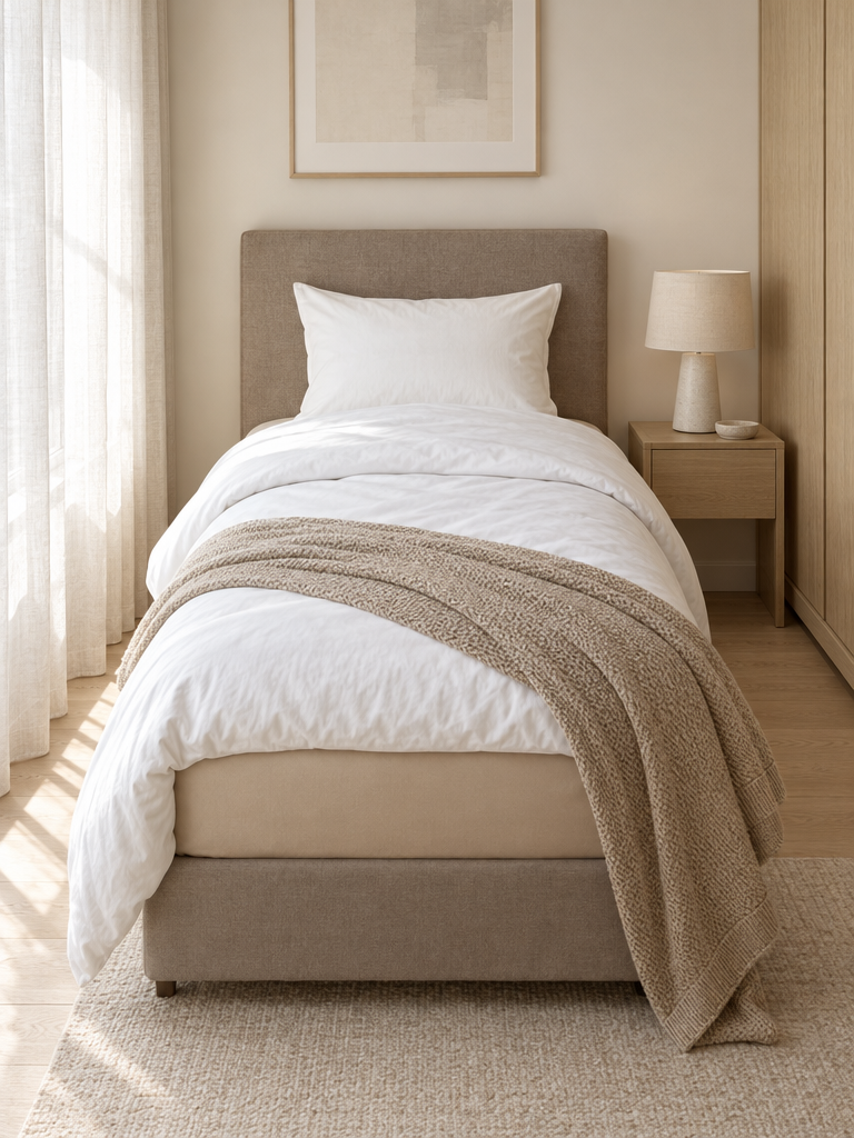 Bettlaken 120x200 aus Baumwolle in Champagner-Beige mit weißer Bettdecke