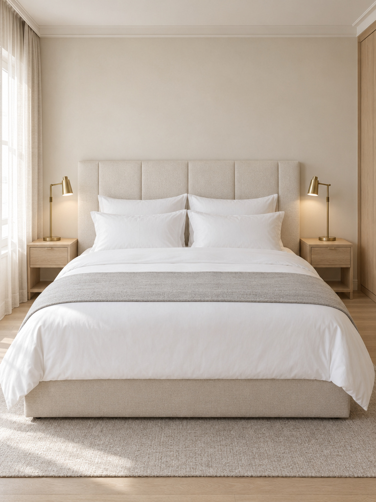 Bettlaken 180x200 in Hotelqualität auf einem gemachten Doppelbett mit Bettläufer