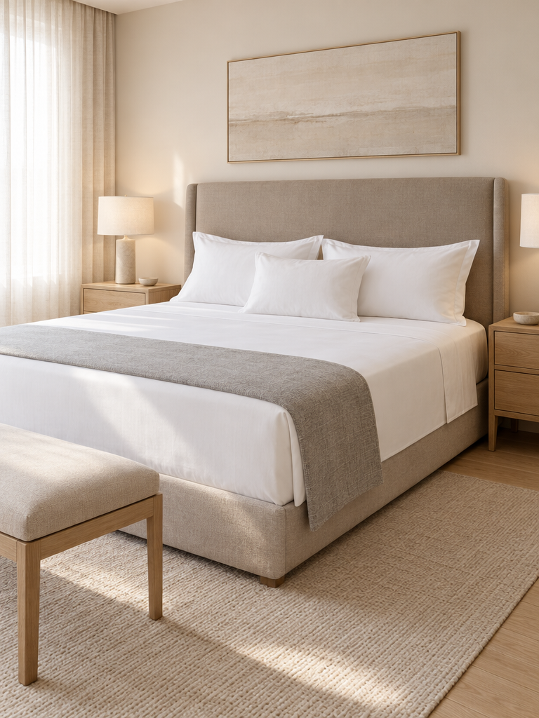 Bettlaken 180x200 ohne Gummizug auf einem großen Doppelbett mit Bettläufer