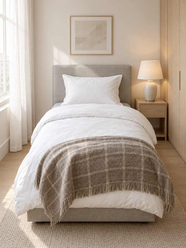 Graues Bettlaken 90x200 aus Baumwolle mit weißer Bettdecke auf einem Einzelbett