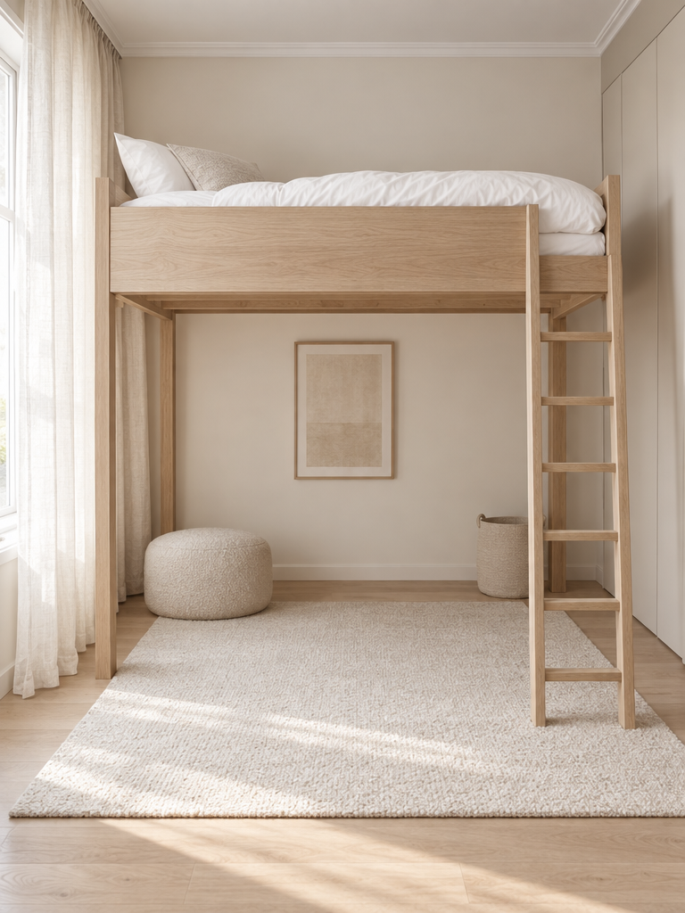 Bettlaken 90x200 für Kinder auf einem Hochbett aus heller Eiche im Kinderzimmer