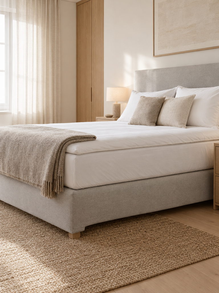 Bettlaken für Boxspringbett umschließt Matratze und Topper, die Box bleibt frei