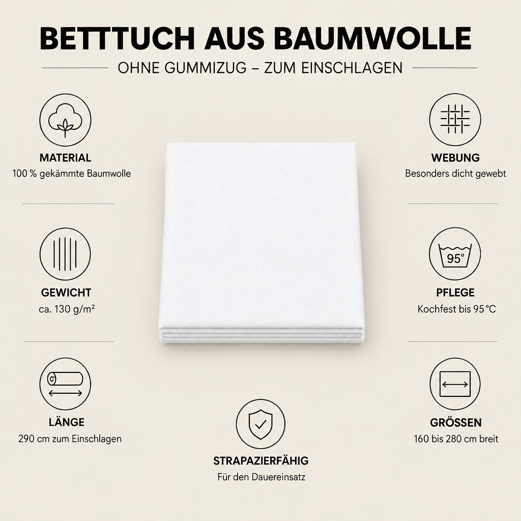 Infografik: Betttuch weiß aus Baumwolle – Webung, Gewicht, Pflege und Größen