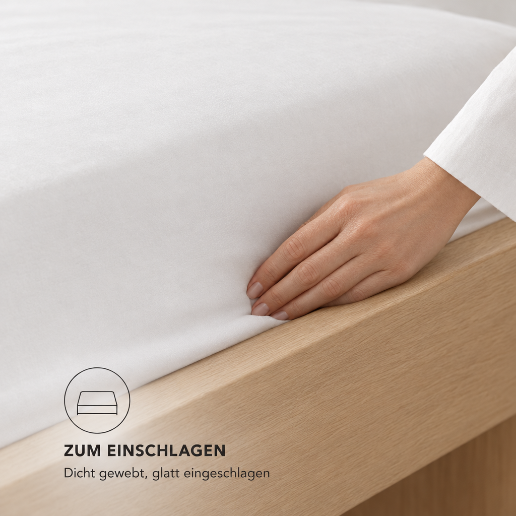 Hand schlägt das dicht gewebte Betttuch an der Matratzenseite ein