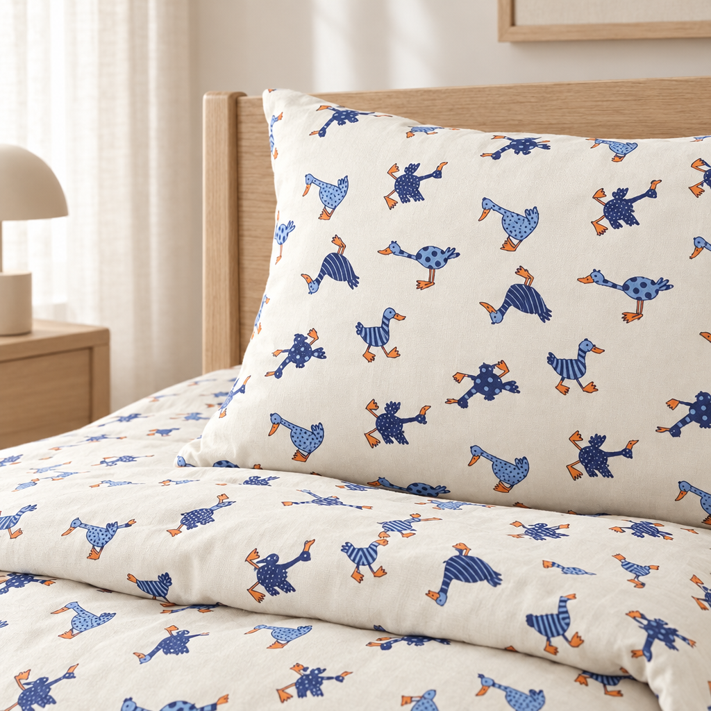 Bettwäsche 100x135 aus Baumwolle mit blauen Enten in der Nahaufnahme