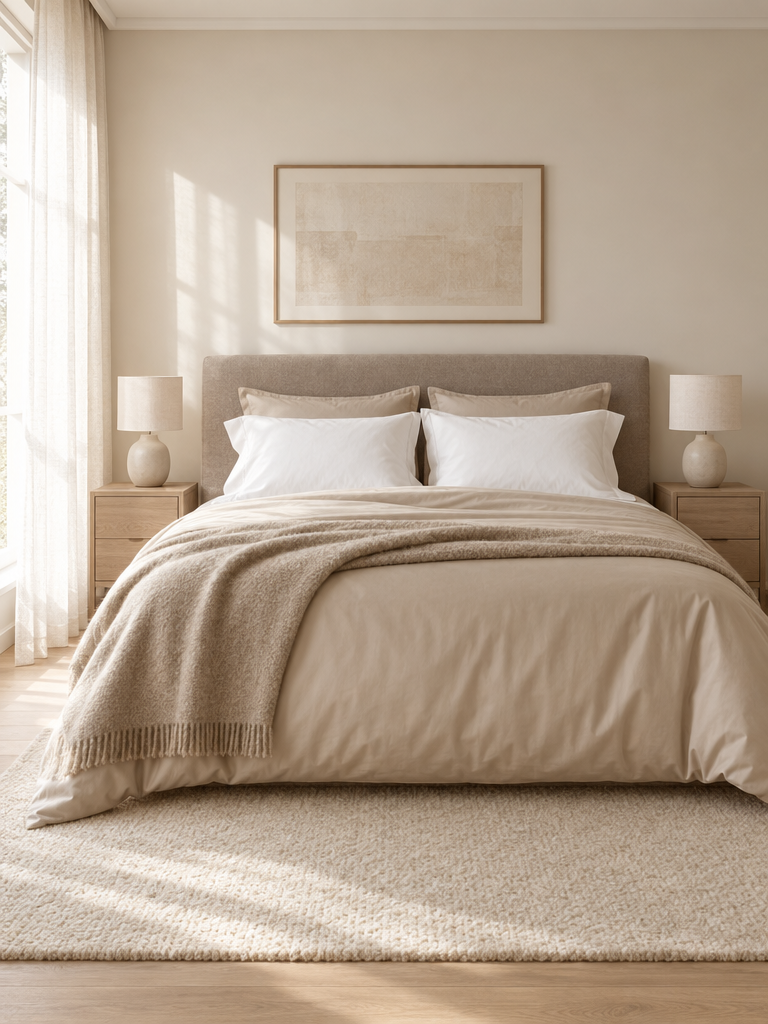 Bettwäsche 135x200 in Beige mit weißen Kissenbezügen kombiniert
