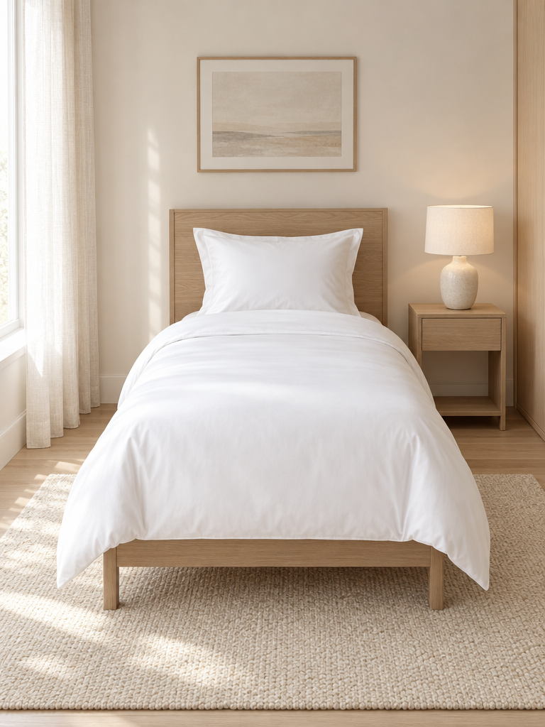 Bettwäsche 135x200 in Weiß auf einem Einzelbett im hellen Schlafzimmer