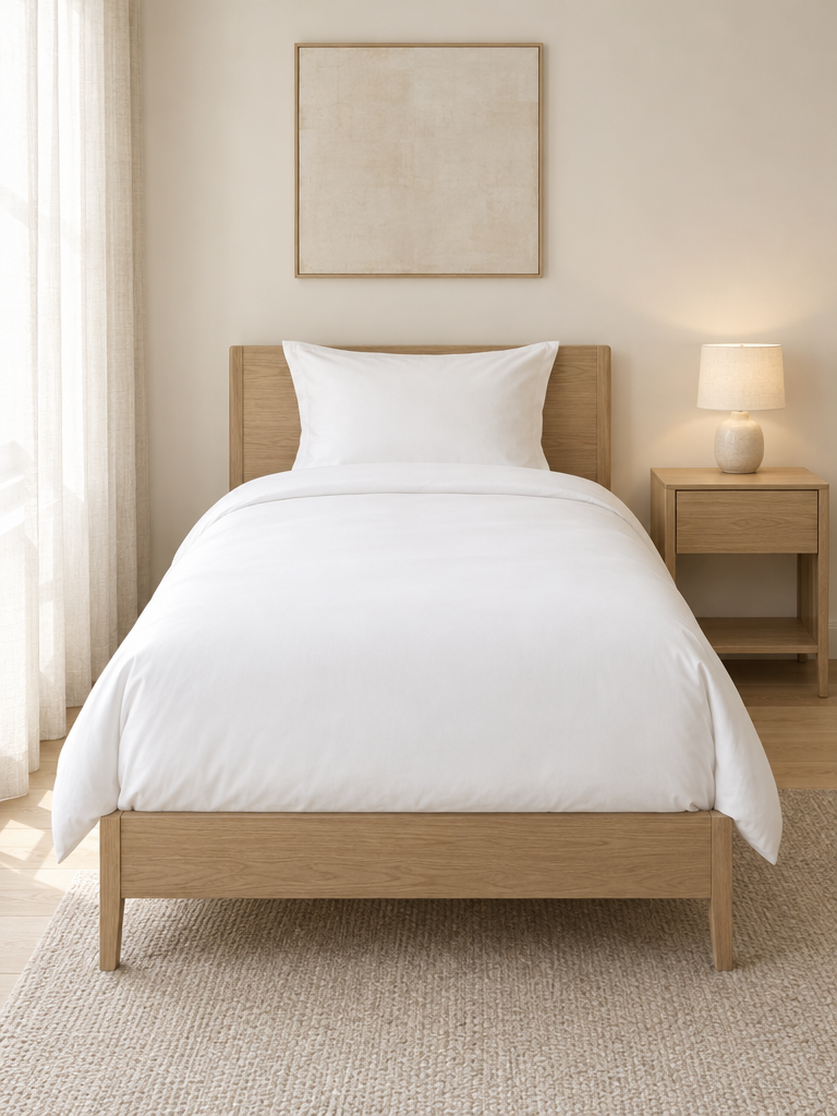 Bettwäsche 140x200 in Weiß auf einem Bett aus heller Eiche
