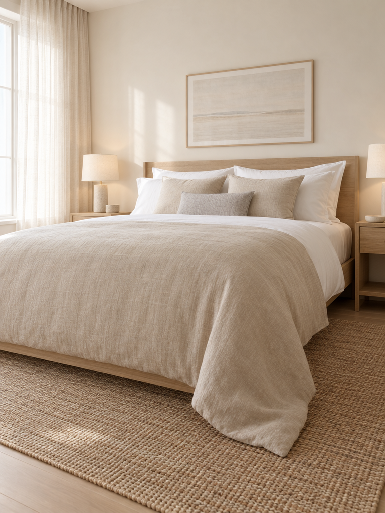 Bettwäsche 155x220 beige auf einem langen Bett
