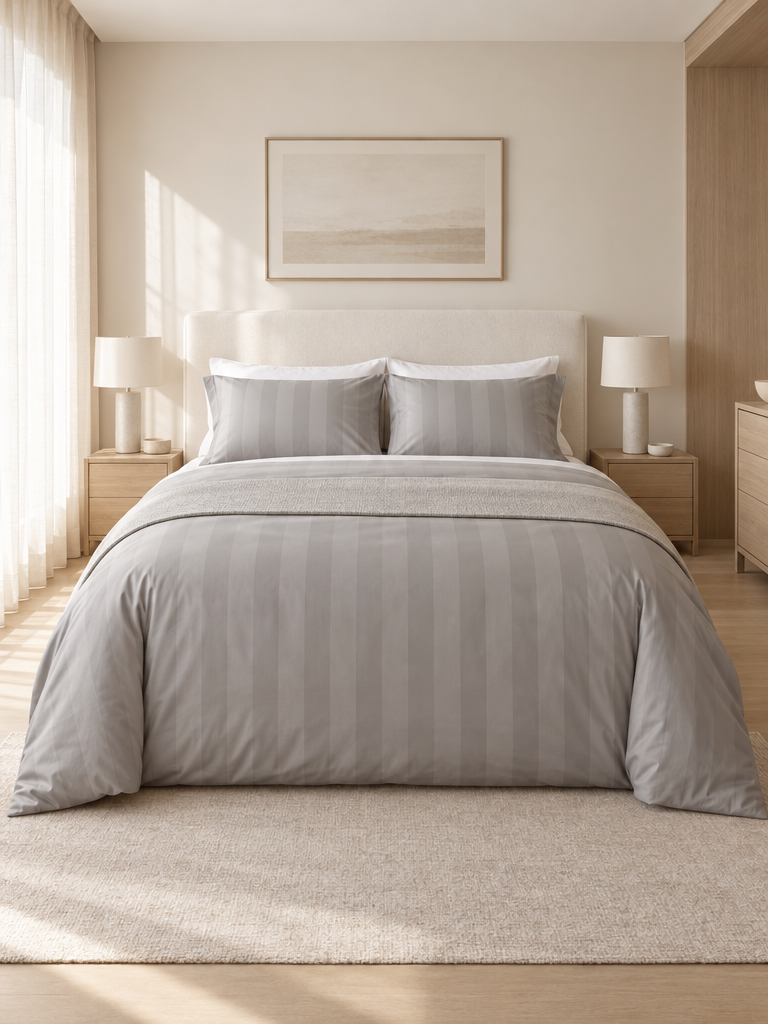 Bettwäsche 155x220 grau auf einer großen Komfortdecke im Doppelbett