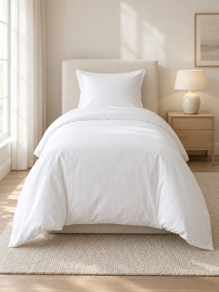 Bettwäsche 155x220 in Weiß auf einem breiten Bett im hellen Schlafzimmer