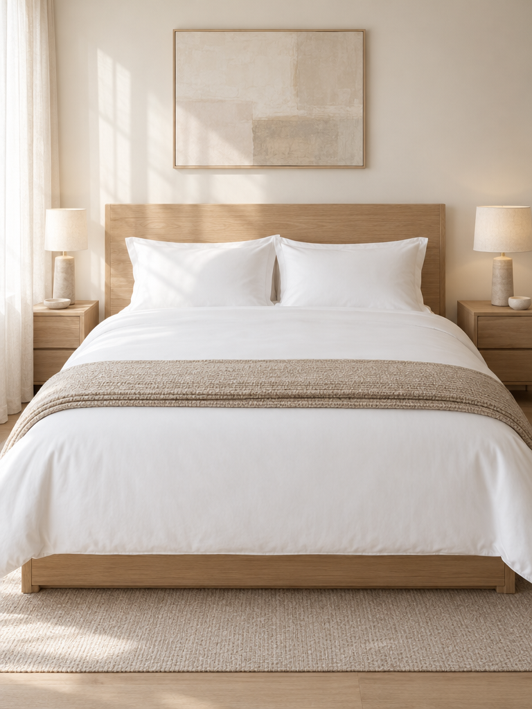 Bettwäsche 160x200 in Weiß auf einem hellen Bett mit Eichen-Kopfteil