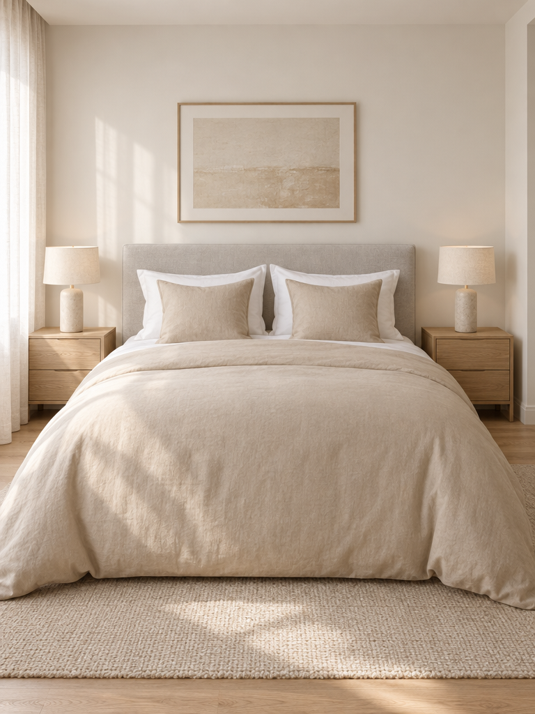 Bettwäsche beige 200x200 auf einem Doppelbett mit zwei Kissen