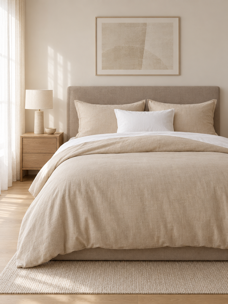 Bettwäsche beige aus Baumwolle mit Kissen in Beige und Weiß