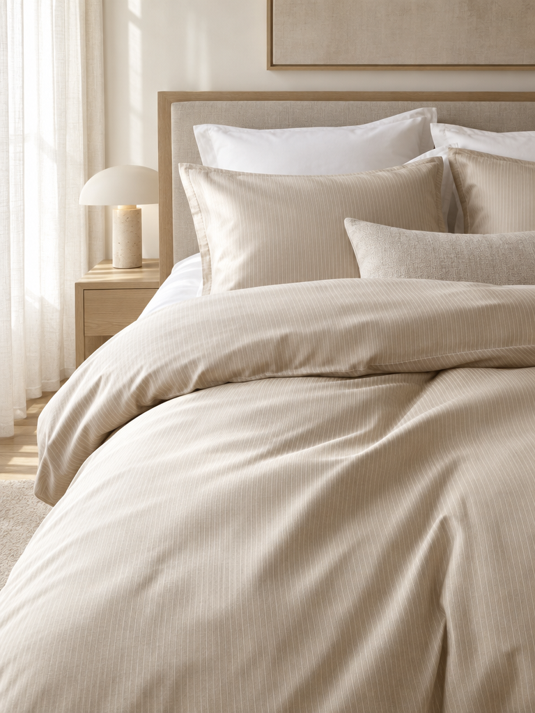 Bettwäsche beige mit feinen Ton-in-Ton-Streifen in Nahaufnahme